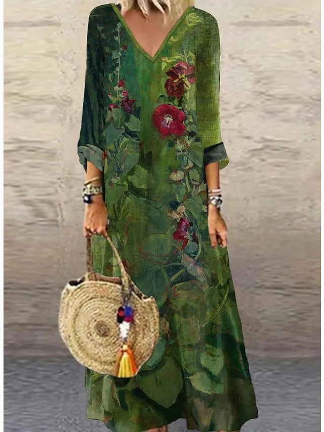 Women's Casual Dress Ethnic Dress Sheath Dress Long Dress Maxi Dress Green 3/4 Length