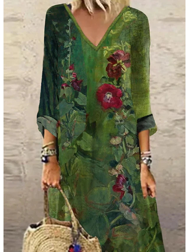 Women's Casual Dress Ethnic Dress Sheath Dress Long Dress Maxi Dress Green 3/4 Length